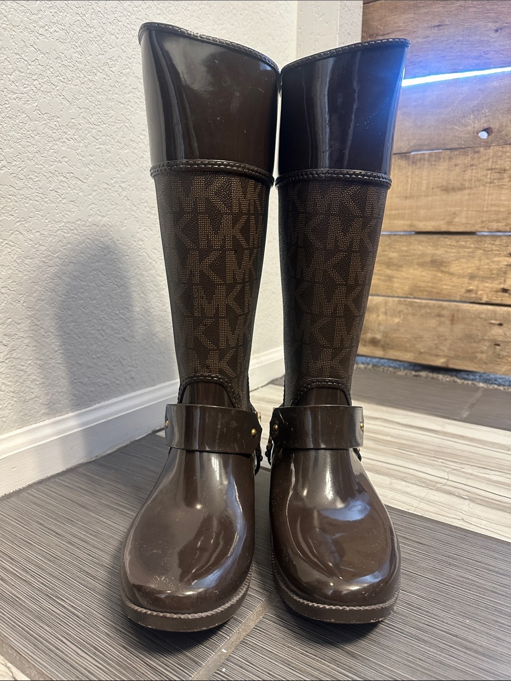 Michael Kors Dark Brown Logo Tall Rain Boots with Glossy Finish